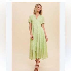 NWT In Loom Green & White Ditzy Floral Button Down Collar MIDI Dress Size M